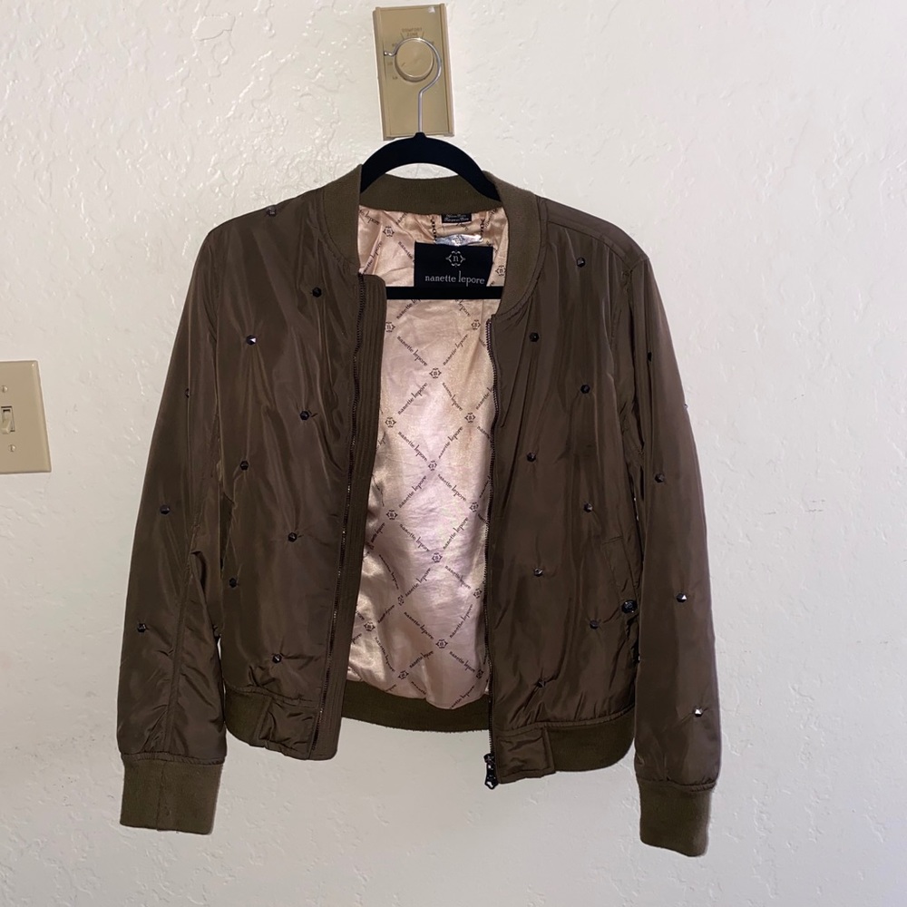 Nanette Lepore Stud Olive Bomber Jacket